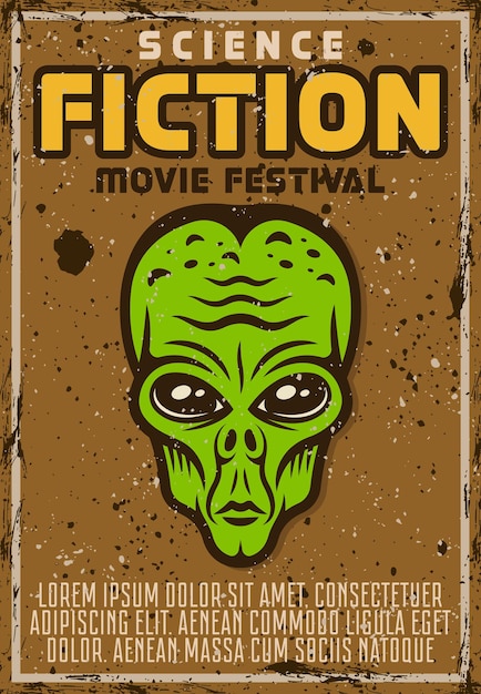 Afiche vectorial de cabeza verde alienígena para el festival de películas de ciencia ficción en estilo vintage Textura y texto grunge separados en capas