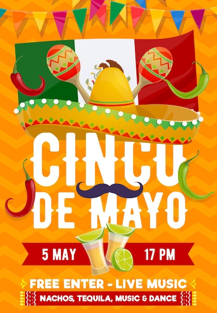 Afiche vectorial del cinco de mayo con sombrero mexicano