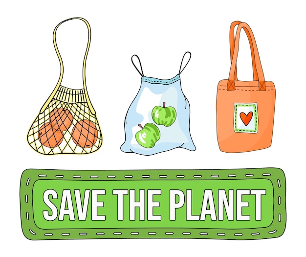 Afiche vectorial en estilo ecológico con texto salvar el planeta Cero desperdicio usar reciclar bolsas textiles o de malla para productos Texto de dibujos animados o frase con concepto de ecología Eslogan ecológico en fondo verde