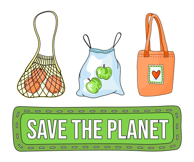 Vector afiche vectorial en estilo ecológico con texto salvar el planeta cero desperdicio usar reciclar bolsas textiles o de malla para productos texto de dibujos animados o frase con concepto de ecología eslogan ecológico en fondo verde