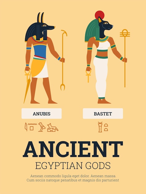 Afiche vectorial con imágenes de dioses antiguos egipcios de bastet y anubis