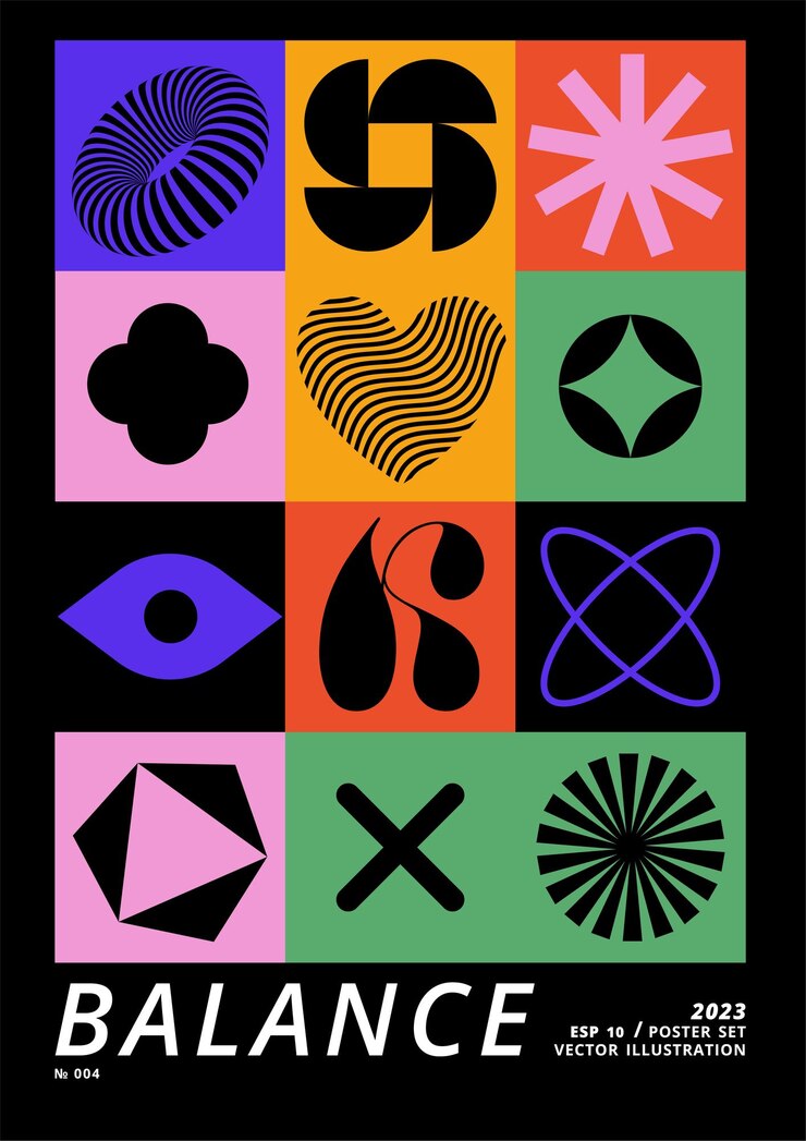 Afiche vectorial o estampado con formas geométricas Composición futurista de diseño brutalista