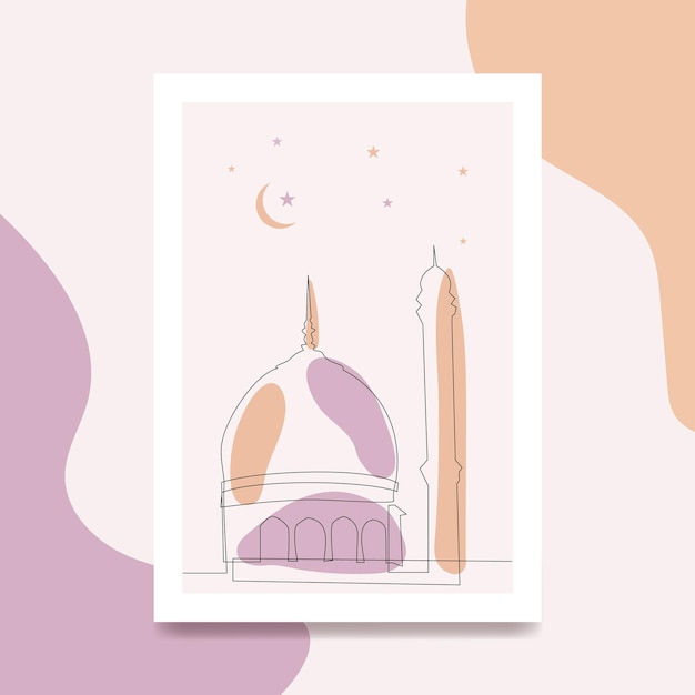 Afiche vectorial de Ramadán Kareem con mezquita dibujada a mano en una sola línea