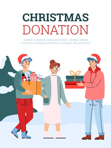 Vector afiche vectorial con voluntarios de la fundación benéfica saludando a la mujer con navidad