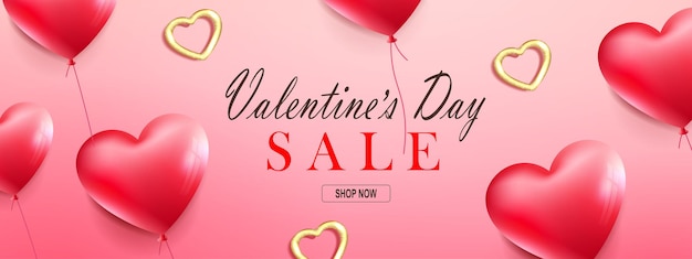 Afiche de venta del día de San Valentín, ilustración con globos rojos en forma de corazón.