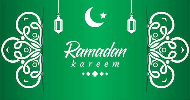 Afiche verde y blanco con un letrero verde que dice ramadan kareem.