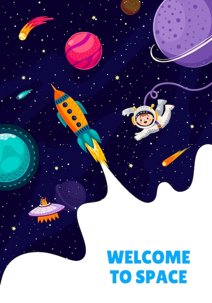 Afiche de viaje espacial Lanzamiento de nave espacial cohete niño astronauta en el espacio exterior OVNI y planetas galaxias Vector cosmonauta flota en ingravidez con nave espacial alienígena asteroide y estrellas viaje interestelar