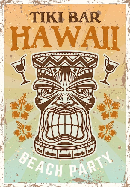 Vector afiche vintage de color de cabeza tiki hawaiana con texto de muestra de máscara de madera tribal tradicional y texturas grunge en capas separadas ilustración vectorial sobre fondo brillante