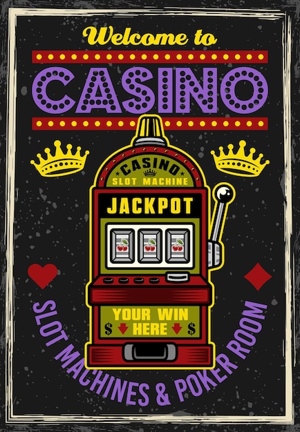 Afiche vintage de máquinas tragamonedas para casino Ilustración vectorial con texturas grunge y texto en capas separadas