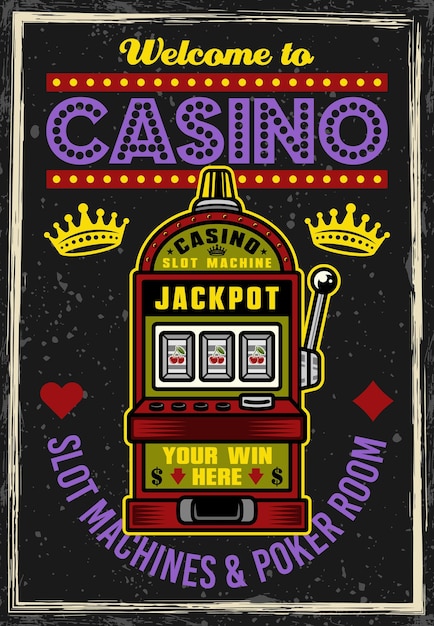 Vector afiche vintage de máquinas tragamonedas para casino ilustración vectorial con texturas grunge y texto en capas separadas