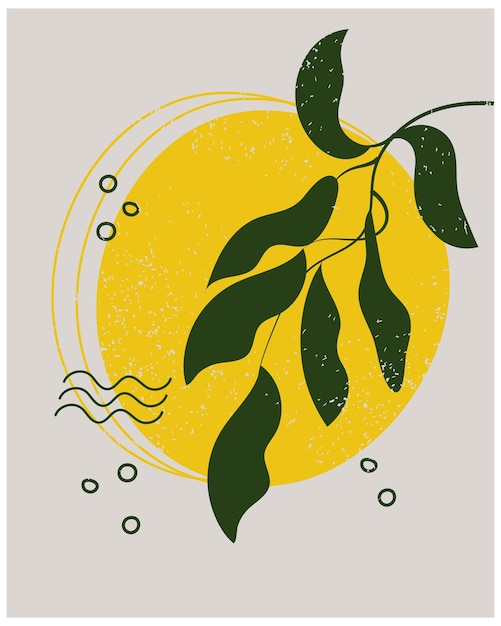 Afiche vintage en rama estilo boho con hojas en el fondo del sol y la luna