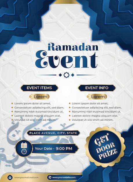 Afiche de volante para evento de ramadán con elegante estilo islámico decorado