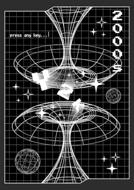 Afiche Y2K de moda con túnel vectorial 3d y estrellas en un fondo de cuadrícula Banner vertical
