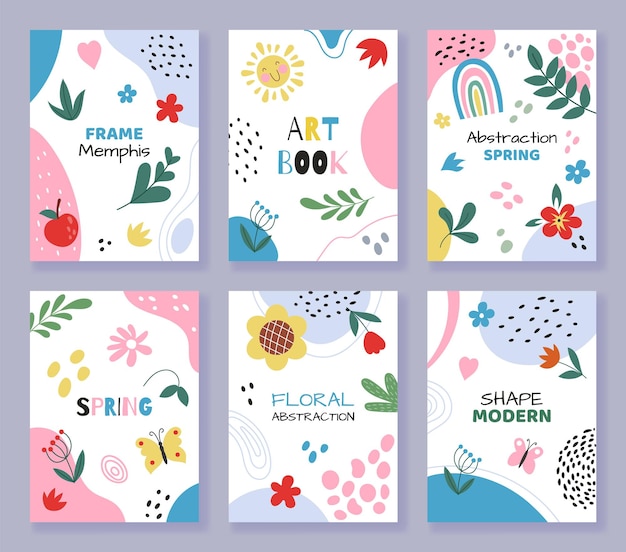 Afiches abstractos lindos Doodle flores y hojas de fondo Memphis marco elementos botánicos y formas de abstracción Colección de pancartas infantiles verticales con espacio de copia Conjunto de dibujos animados vectoriales