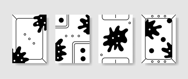 Afiches abstractos vectoriales en blanco y negro con líneas, manchas y puntos Conjunto de diseños Bauhaus simples e incoloros