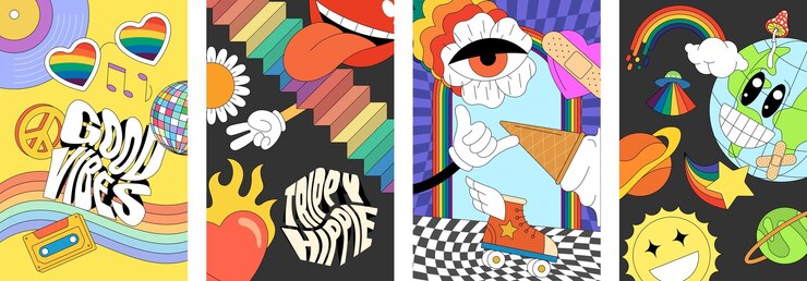 Afiches de los años 90 con elementos hippies retro vibrantes de estilo dibujos animados psicodélicos con montañas