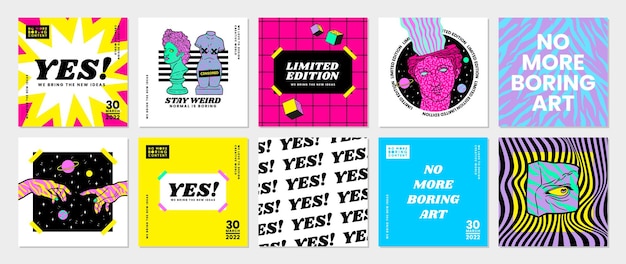 Vector los afiches cuadrados vectoriales psicodélicos trippy cubren las tarjetas de diseño en un estilo raro ácido de moda