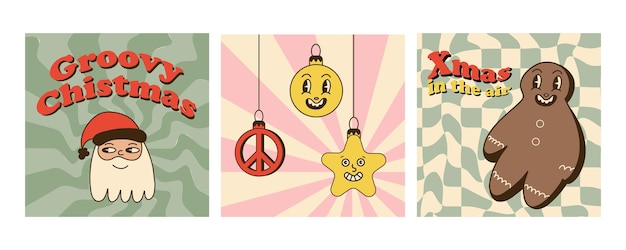 Afiches de Navidad o pancartas en las redes sociales Tarjeta de felicitación Personajes cómicos retro de invierno Hippie