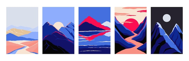 Afiches de paisajes abstractos puesta de sol moderna arte boho papel tapiz de la naturaleza paisajes de montañas y ríos vistas nocturnas o diurnas de picos rocosos vistas al amanecer cielo y acantilados panorámicas vectoriales de crestas rocosas