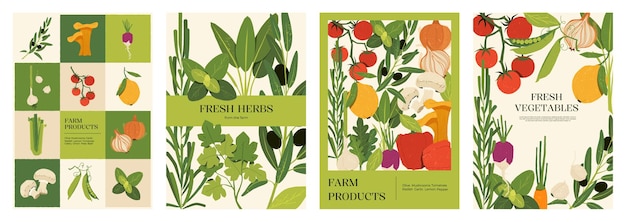 Afiches de verduras Banner de dibujos animados con verduras frescas orgánicas y hierbas italianas Pantalla de banner de comida de granja natural con productos agrícolas locales Comida vegetariana Dieta de cocina mediterránea Conjunto vectorial