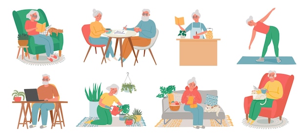 Afición en casa de personas mayores. Los hombres, las mujeres y las parejas mayores trabajan en la computadora, leen, hacen ejercicio, cocinan, cuidan las plantas y tejen. Ancianos en casa conjunto de vectores. Ilustración anciana abuela y jubilado senior