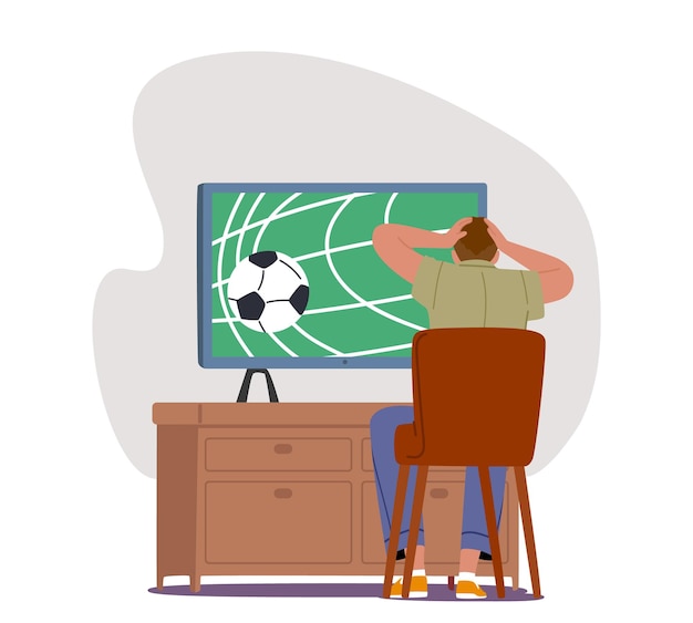 Vector aficionado viendo un partido de fútbol en la televisión sosteniendo la cabeza debido al gol partidario de fútbol de personaje masculino sentado en el sofá