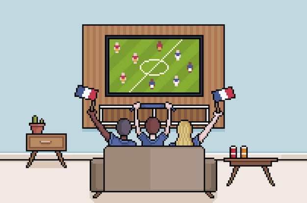 Vector aficionados al arte de píxeles viendo fútbol en la televisión en la sala de estar francés viendo el fondo de 8 bits de la copa mundial