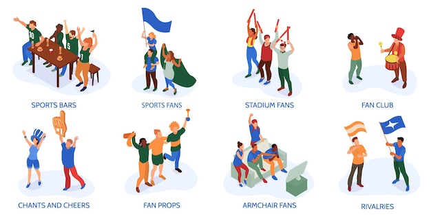 Aficionados al deporte isométrico conjunto de composiciones aisladas con personajes de aficionados con banderas de accesorios y bebidas ilustración vectorial