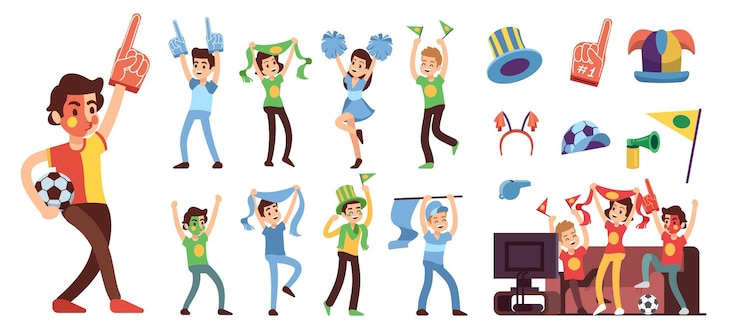 Vector los aficionados al fútbol. animando al equipo de apoyo deportivo, gente sonriente en uniforme de fútbol. personajes de dibujos animados de multitud de estadio aislado e ilustración de vector de equipo de rooter. fútbol deporte, fútbol alegre