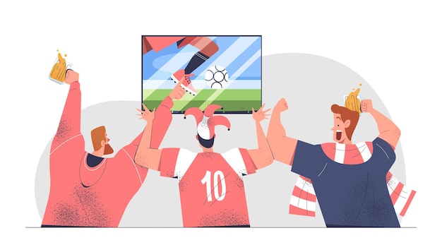 Vector aficionados al fútbol ven el partido hombres con uniforme deportivo ven la televisión grupo de seguidores de futbolistas competencia y torneo ilustración vectorial plana de dibujos animados aislada sobre fondo blanco