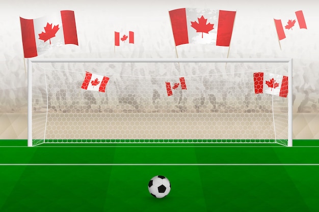 Aficionados del equipo de fútbol de canadá con banderas de canadá animando el concepto de tiro penal del estadio en un partido de fútbol