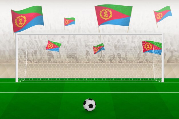 Aficionados del equipo de fútbol de Eritrea con banderas de Eritrea animando el concepto de tiro penal del estadio en un partido de fútbol