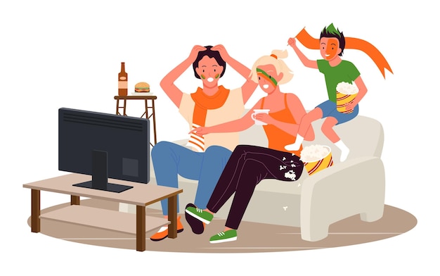 Aficionados de la familia viendo el torneo de fútbol juntos ilustración vectorial Dibujos animados padre madre e hijo niño fans personajes sentados en el sofá para ver la televisión durante el día aislado en blanco