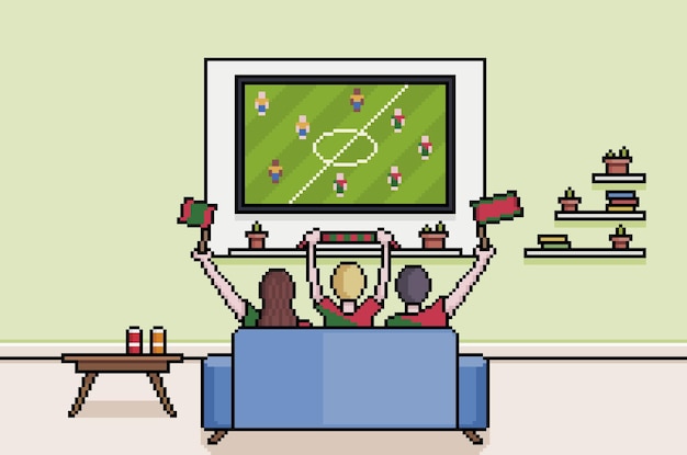 Vector aficionados portugueses de pixel art viendo la copa mundial de fútbol en el juego de fondo de la sala de estar de 8 bits