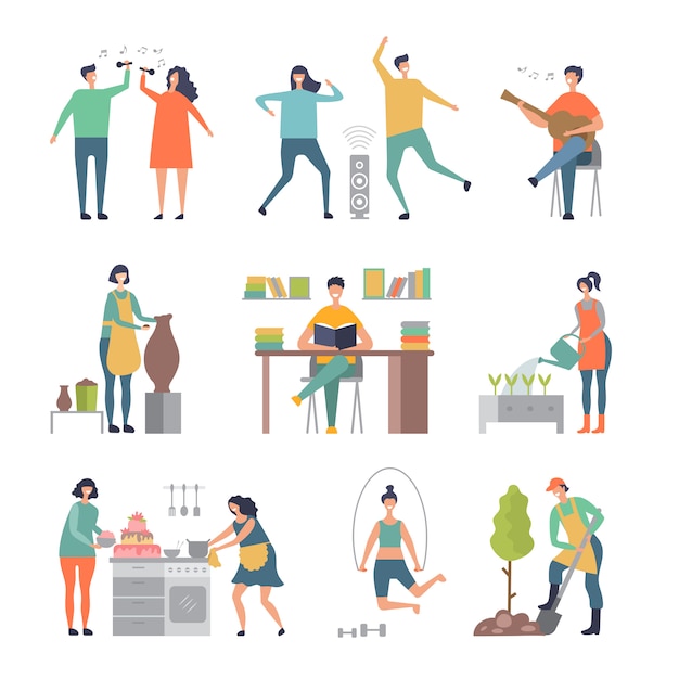 Aficiones de las personas. Escritores pintores personajes masculinos y femeninos que hacen ilustraciones de escultura y jardinería