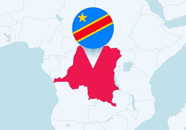 Vector África con el mapa de la república democrática del congo seleccionado y el icono de la bandera de la república democrática del congo