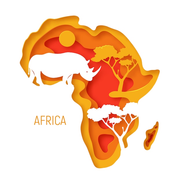 África. papel decorativo 3d corte mapa del continente de áfrica con silueta de rinoceronte. corte de papel 3d ecológico.