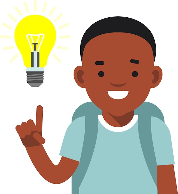 African American Black Boy Teenager Point Gesture Finger Up Atención y bombilla Insight Sign