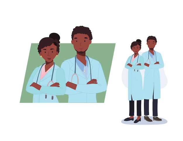 African American Doctor personal del hospital trabajadores médicos masculinos y femeninos Ilustración de personaje de dibujos animados de vector plano