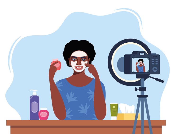 Vector african american woman beauty blogger recording skin care tutorial video for her vlog