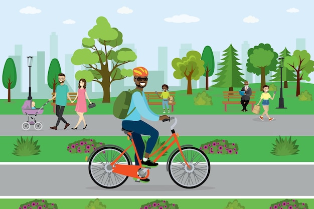 Africano-americano ciclista masculino montando en el parque diferentes personas ilustración vectorial