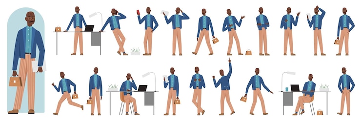 Vector africano americano maestro negro hombre de negocios posa en el set
