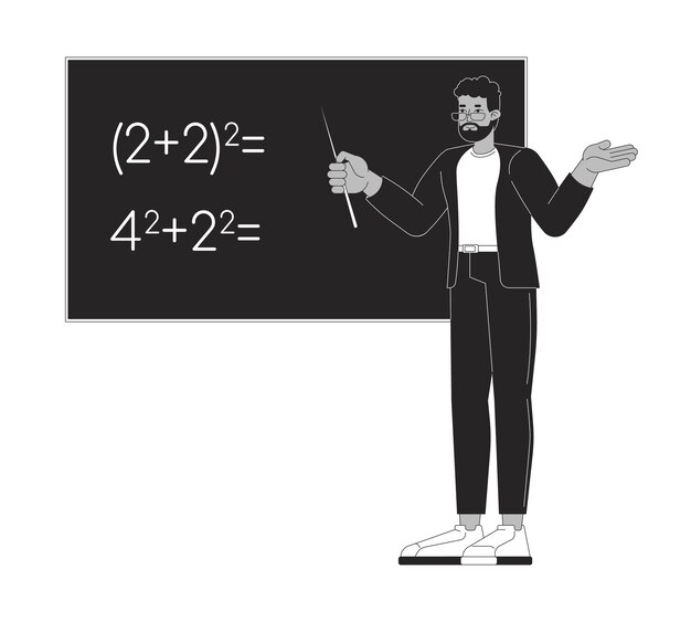 Africano-americano profesor de matemáticas de sexo masculino en blanco y negro 2D línea personaje de dibujos animados