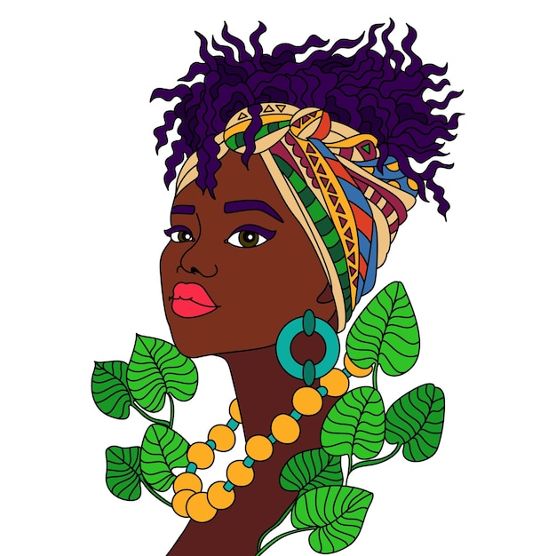 Africano negro mujer afro moderna niña turbante cabeza envoltura bufanda nubia reina para colorear páginas de ilustración