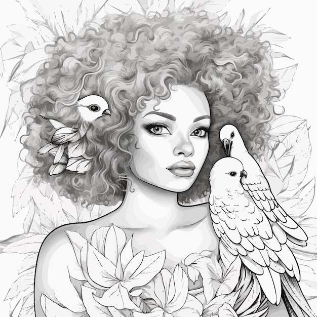 Vector afro_americana_mujer_con_pájaro_adulto_página para colorear