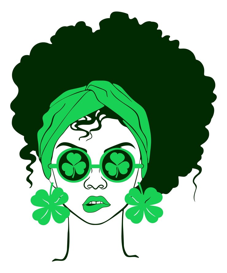 Afro mujer peinado de moño desordenado de San Patricio Vector de niña africana Vector de trébol del día de San Patricio