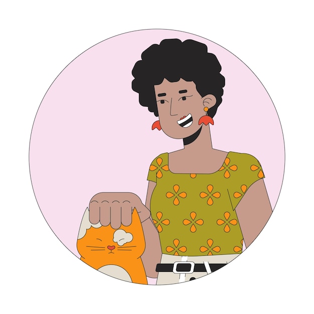 Afro mujer de pelo acariciando cabeza de gato ilustración vector de línea 2D avatar mujer afroamericana adoptando gatito contorno cara de personaje de dibujos animados amante de mascotas imagen de perfil de usuario de color plano femenino aislado