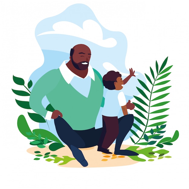 Afro padre con hijo en escena de la naturaleza