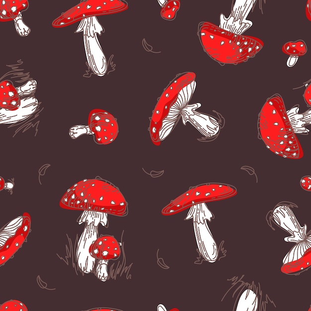 Agárico de mosca Amanita hongo venenoso no comestible Patrón transparente lindo brillante en estilo de dibujos animados Reunión en el bosque de otoño Para la impresión de papel tapiz en envoltura de tela