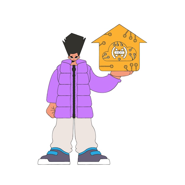 Agarra un emblema de IoT con ambas manos.